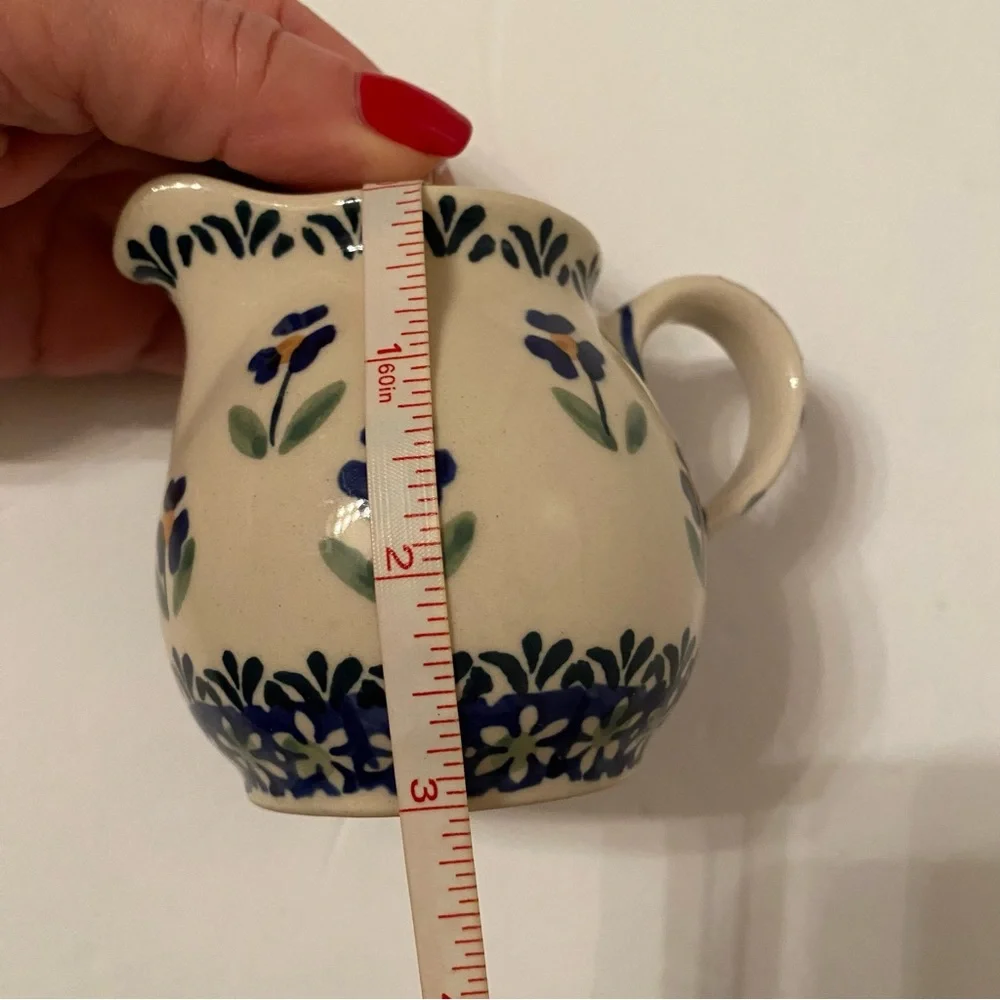 POLISH POTTERY CREAMER MINI PITCHER BLUE WHITE GREEN HANDMADE HOME BOLESLAWIEC